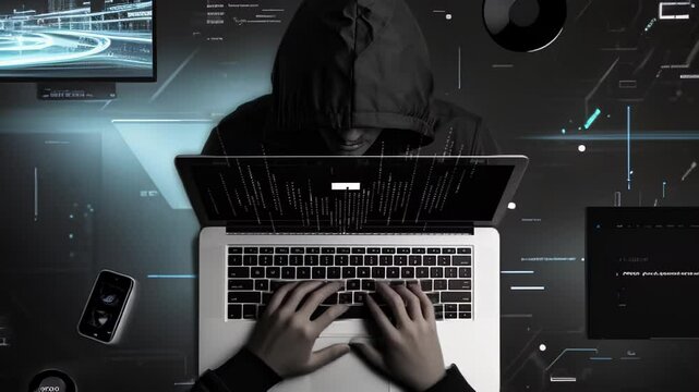 Dark silhouette typing on laptop amid futuristic interface projections. Glowing screens display code, data streams, and network diagrams. Ominous atmosphere suggests illicit cyber activities.	