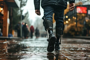 Disabled young man with prosthetic legs walking in the street, AI generated
