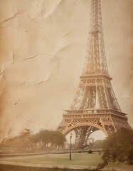 carte postale ancienne de paris avec la tour Eiffel sur papier photo abimé et teinte sépia en ia
