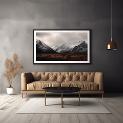 living room with large sofa modern furniture with large wall picture mockup for photos and paintings , generated by AI. High quality photo