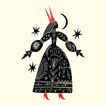 Pagan ritual fairytale princess girl dance slavic girl folk horned folklore traditional costume, doodle cartoon vector on white background, Illustration Isolated clipart
