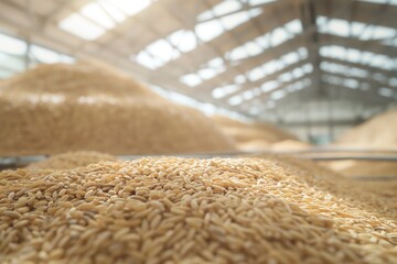 Large pile of light brown rice grains in industrial setting. Warehouse with transparent roof holds massive grain stacks. Modern storage facility for agricultural products.