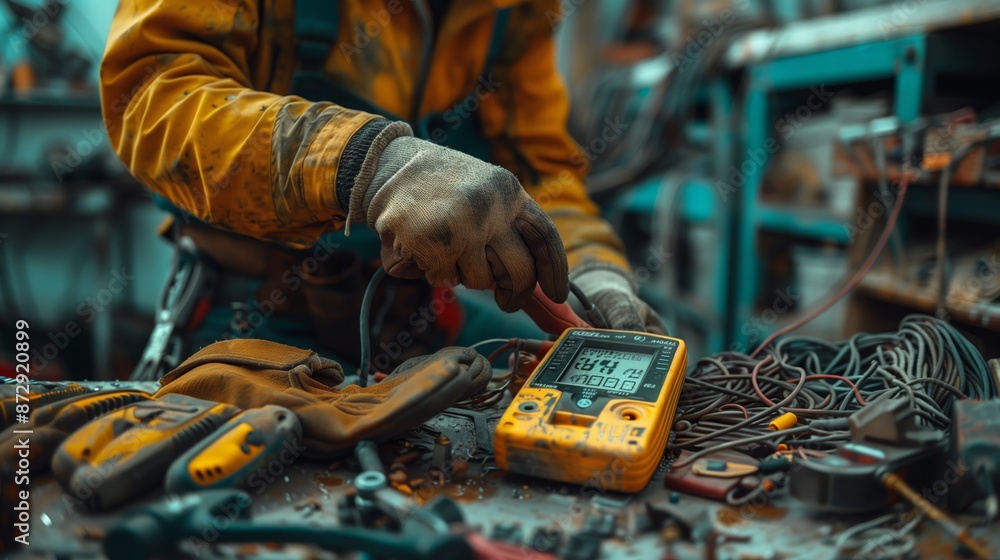 Poster close up of an electrician using digital multimeter