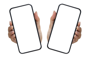 close up woman hand hold smartphone with blank screen isolated on transparent background for marketing or advertisement and design concept