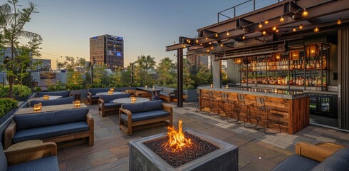 Rooftop Bar With Fire Pit And City Views At Dusk