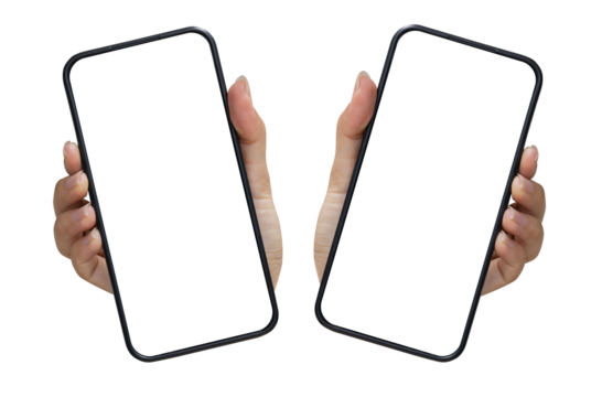 close up woman hand hold smartphone with blank screen isolated on transparent background for marketing or advertisement and design concept