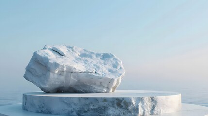 mock up product display template, 3d render, minimal beautiful sky background with empty round rock podium on river