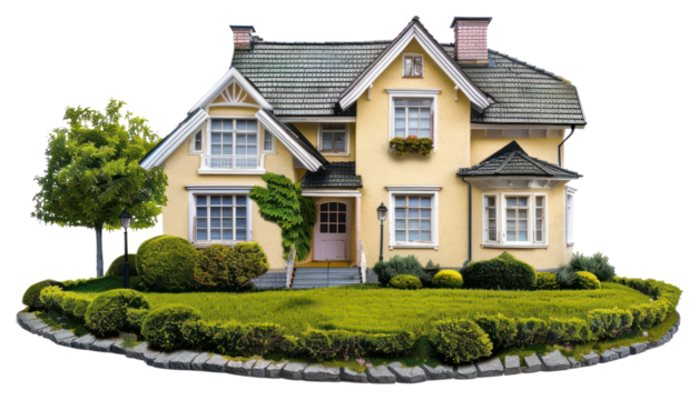 PNG  Charming suburban yellow house illustration - Powered by Adobe
