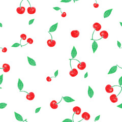 Seamless vector repeating pattern with summer fruit colorful red cherries with their leaves and tasty flavor