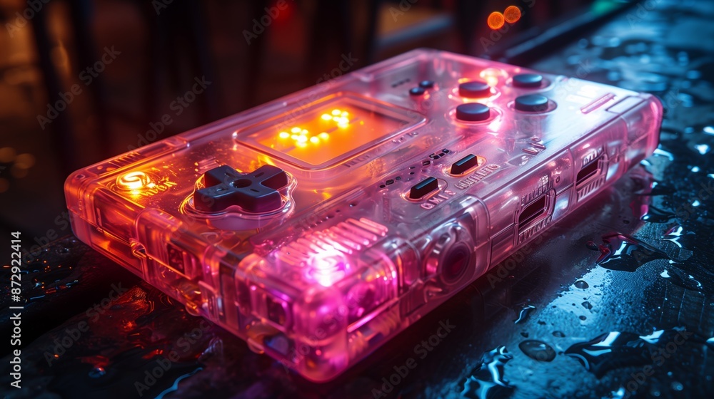 Poster a clear retro handheld game console with illuminated buttons