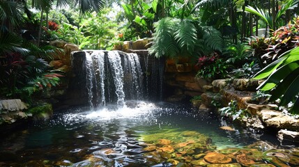 A hidden waterfall with rainbow-colored water and lush greenery, ample copy space