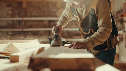 Wood, sander and carpenter in workshop with tools for furniture, production or construction project. Handyman, building and woodworking process in warehouse with manufacturing or labor in business	
 - Powered by Adobe