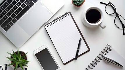 Stylish Home Office Desk with Coffee and Notebook