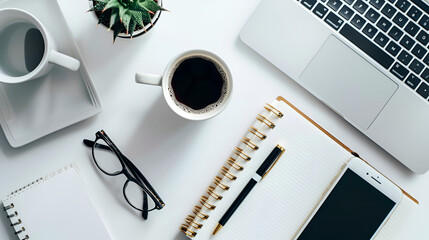 Modern Workspace with Coffee, Laptop, and Notepad