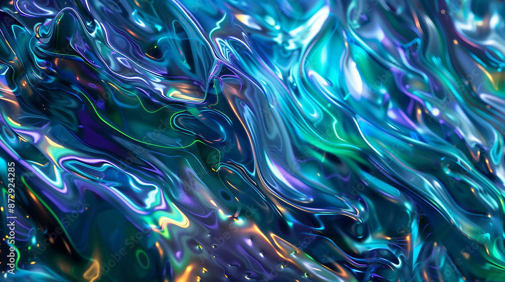 Poster 3d render, abstract background with iridescent holographic liquid metal texture and wavy patterns. b