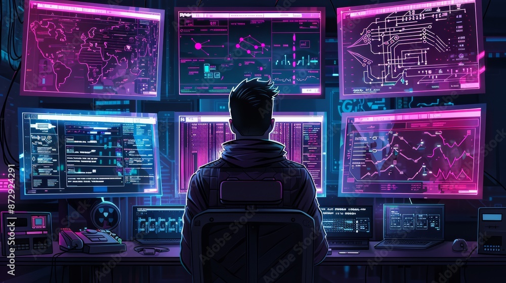 Poster Programmer with multiple screens showing hacking software, cybercrime scene