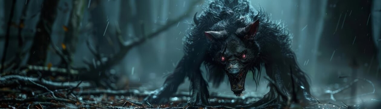 Chupacabra Focus on a chupacabra creature appearing in the woods, with a dark, eerie background, empty space left for text