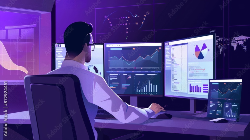 Poster Programmer designing AI-powered e-commerce app with big data, dual monitors