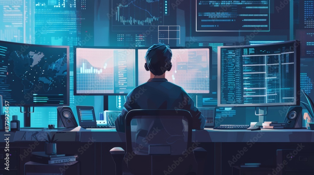 Poster Programmer integrating big data with AI for e-commerce project, workspace background