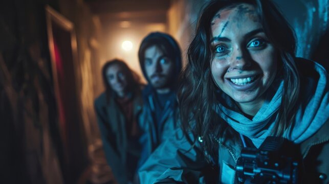 Ghost Hunt Focus on a group of ghost hunters with equipment, with everyone smiling and looking at the camera, with a haunted house background, empty space right for text