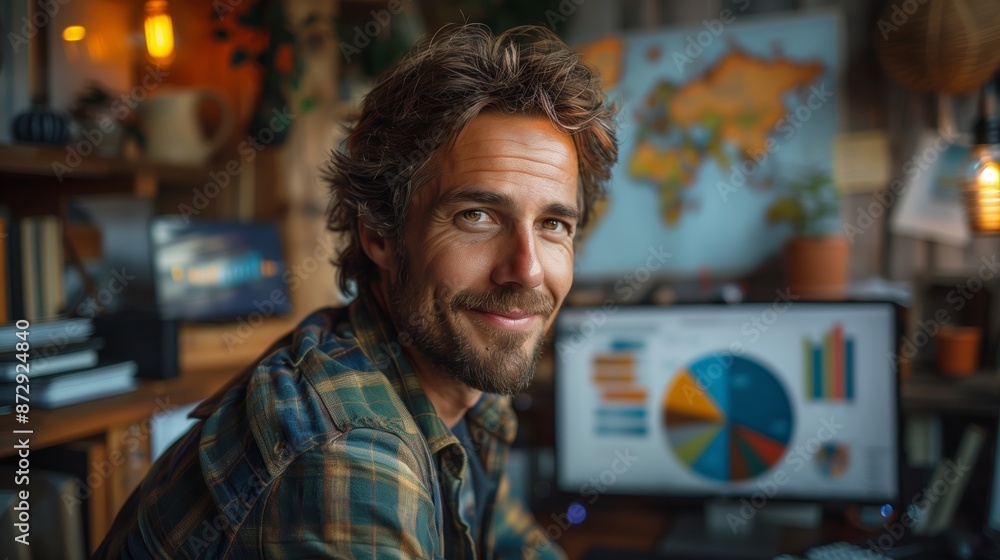 Poster smiling man working at desk with computer and pie chart