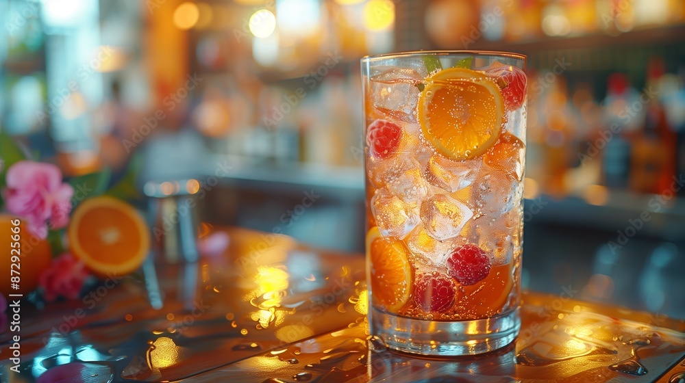 Poster refreshing citrus and raspberry cocktail on bar counter
