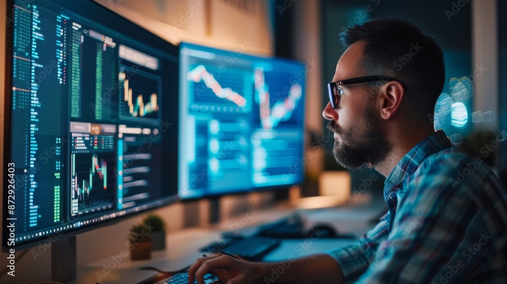 Poster Software engineer building innovative e-commerce app using AI, big data charts on screen