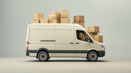Delivery or movers service van full of cardboard boxes for fast delivery and logistic shipments concepts with empty mockup copy space.
