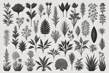 an image of Mid-century Modern Botanical Icons. black and white vector, Minimalist, Retro, Simple, Clean, Elegant, Stylish, Abstract, Nature, Foliage, Leaves, Flowers, Plants, Graphic, Monochrome