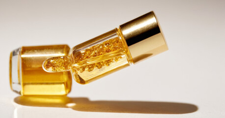 golden skincare serum DNA macro close up detail shiny, bright white background