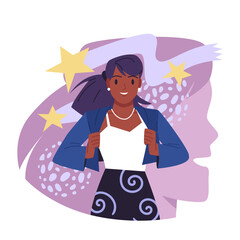 Positive optimistic thinking, behavior and extrovert personality type. Happy woman among golden stars and sparks of fun feelings and laugh, purple human head silhouette cartoon vector illustration