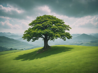 Fototapeta premium single tree on grass hill