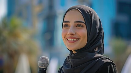 Smiling hijab businesswoman with microphone in city, blue sky