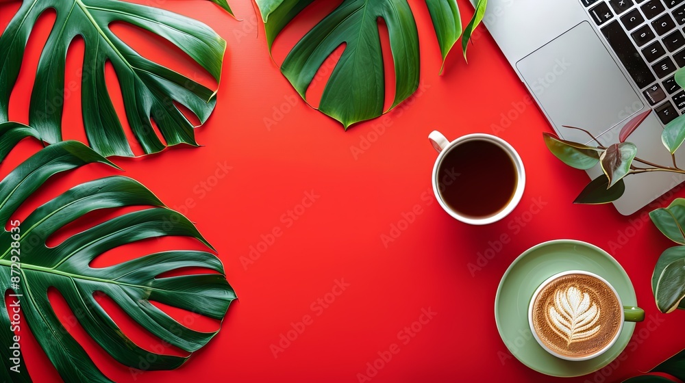 Fototapete red empty background with a laptop and coffee in the right part of the image and a green leaf in the