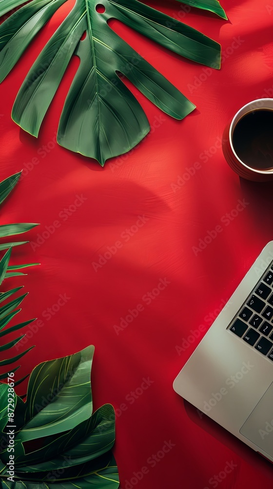 Fototapete red empty background with a laptop and coffee in the right part of the image and a green leaf in the