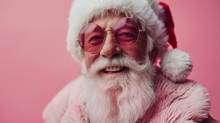 Obraz premium Glamorous Santa Claus in pink clothes and sunglasses laughing joyfully on pink Christmas background. St Nicholas Day, Sinterklaas