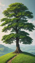 Naklejka premium single tree on grass hill