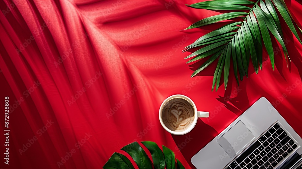 Fototapete red empty background with a laptop and coffee in the right part of the image and a green leaf in the