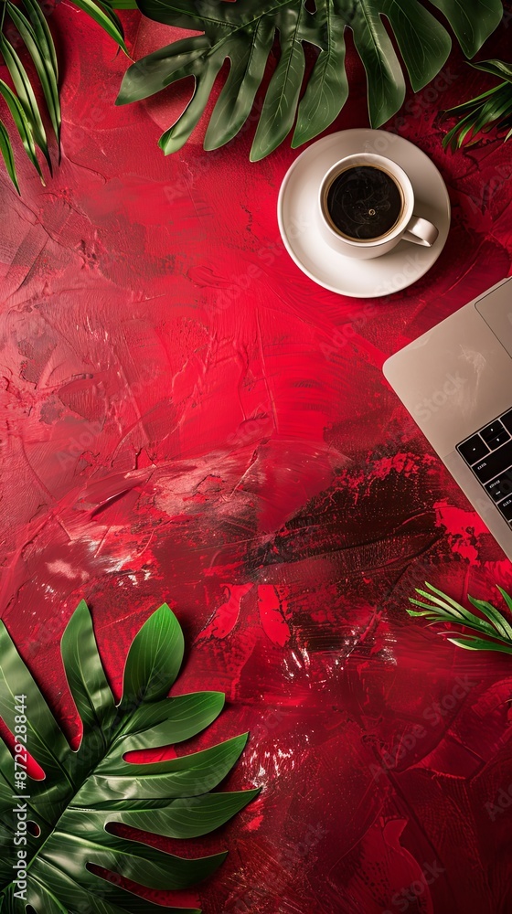 Fototapete red empty background with a laptop and coffee in the right part of the image and a green leaf in the
