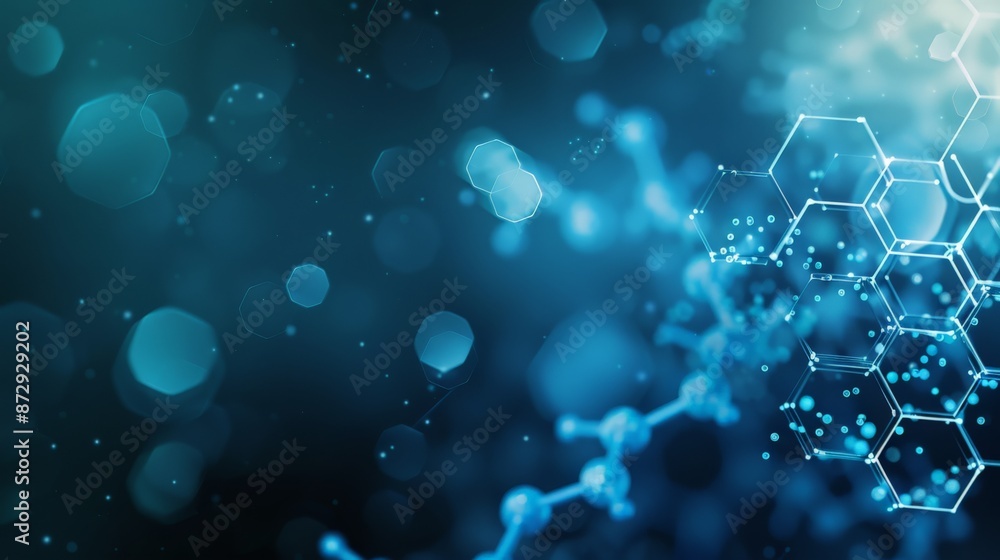 Poster Dark blue medical background with hexagonal shapes and molecular structure. Ideal for representing scientific research and healthcare technology.
