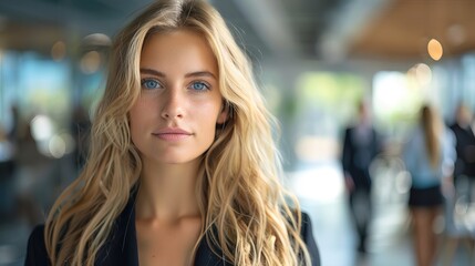 Obraz premium leader blonde businesswoman in suit with blured team people in office