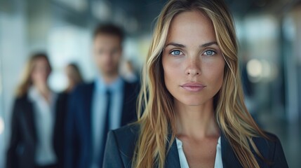 Obraz premium leader blonde businesswoman in suit with blured team people in office