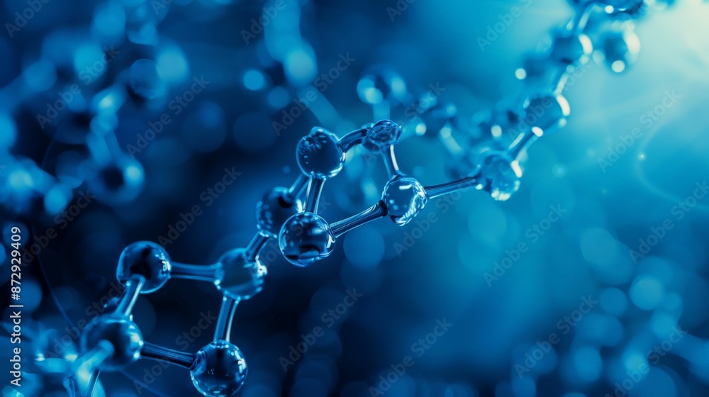 Poster Blue molecular structure with connecting nodes on a dark background. Ideal for chemistry and nanotechnology themes.
