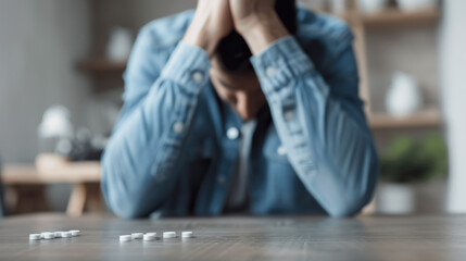 Despairing man with tablets or pills on a table in front of him. Concept for opiate addiction, suicide prevention or other mental or physical medical health issues.