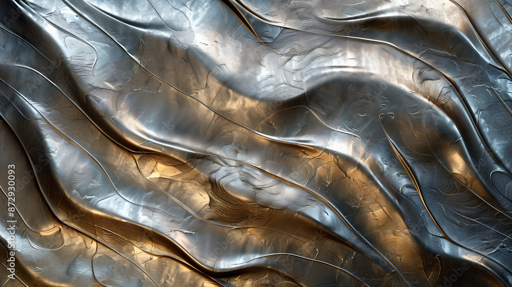 Poster abstract metallic textures with a reflective surface, showcasing wavy patterns and a blend of silver