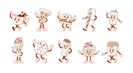 Set of retro cartoon fast food and drink character. Vintage pizza, hot dog, burger, ice crean, kebab, coffee cup, french fries donut, beer can mascot. Nostalgia 90s, 70s, 80s Vector illustration.  © Nadezhda Mih