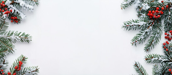 Fondo navide&ntilde;o con ramas de pino cubiertas de nieve, conos de bosque y frutos rojos sobre blanco, espacio para texto. Vista superior plana de la decoraci&oacute;n del borde del &aacute;rbol de Navidad