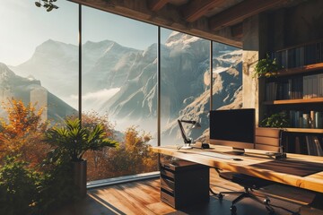 Fototapeta premium Scenic mountain room Online webinar Zoom meeting home office background, backdrop for online presentations and virtual meetings in a mountain scene, AI generated