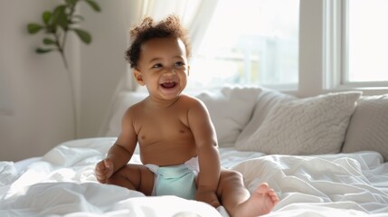 The happy baby on bed.