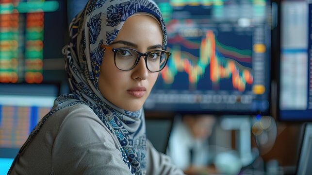 hijab businesswoman with glasses is sitting behind a desk looking at a monitor with a stock market graph monitoring market prices - Powered by Adobe